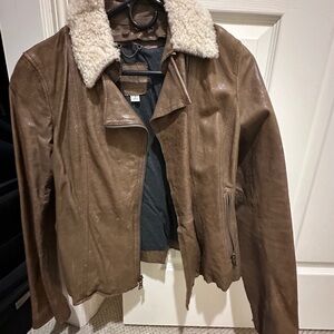 Brown Leather Jacket with Shearling Collar